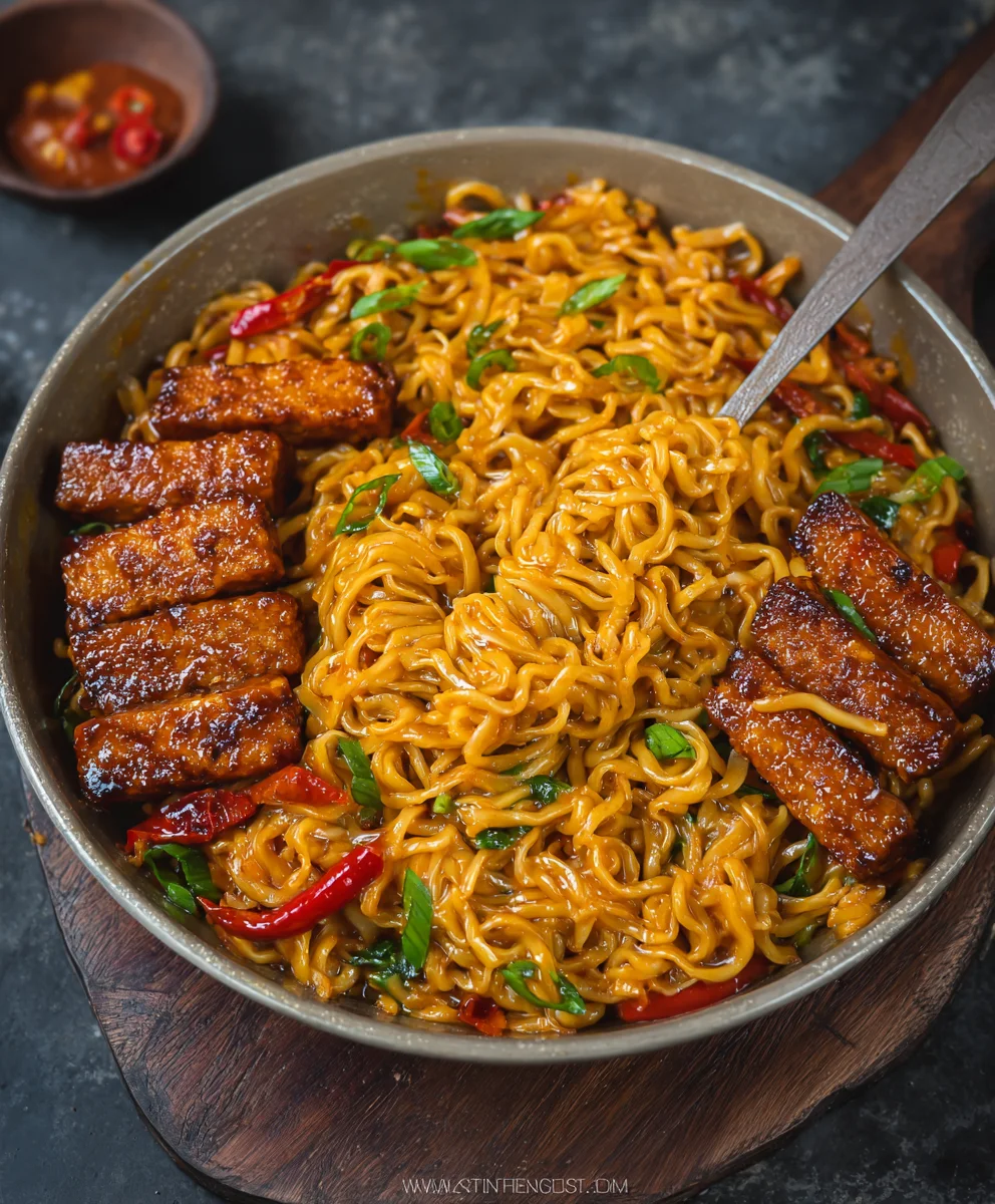 Sweet Spicy Tempeh Garlic Curry Noodles Recipe