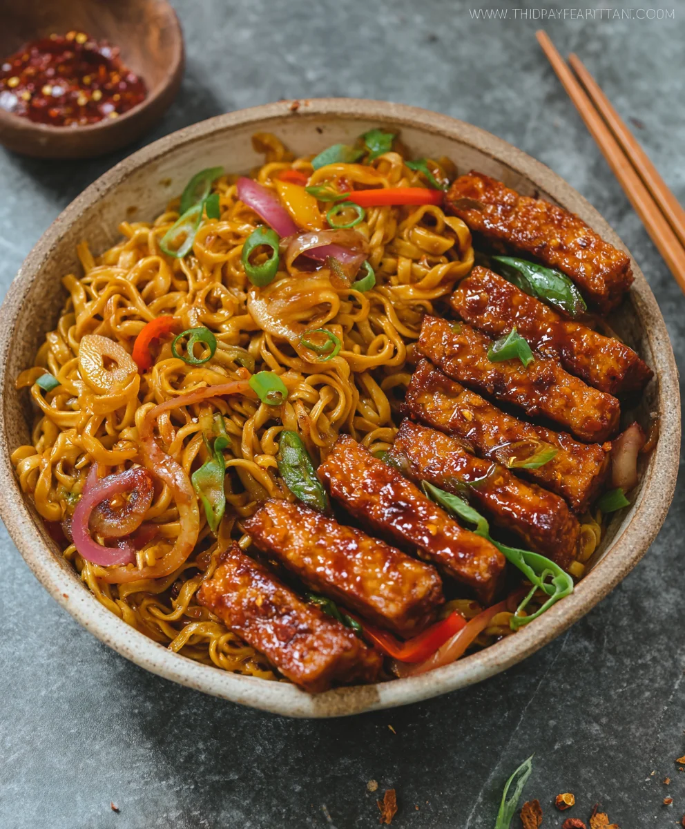 Sweet Spicy Tempeh Garlic Curry Noodles Recipe