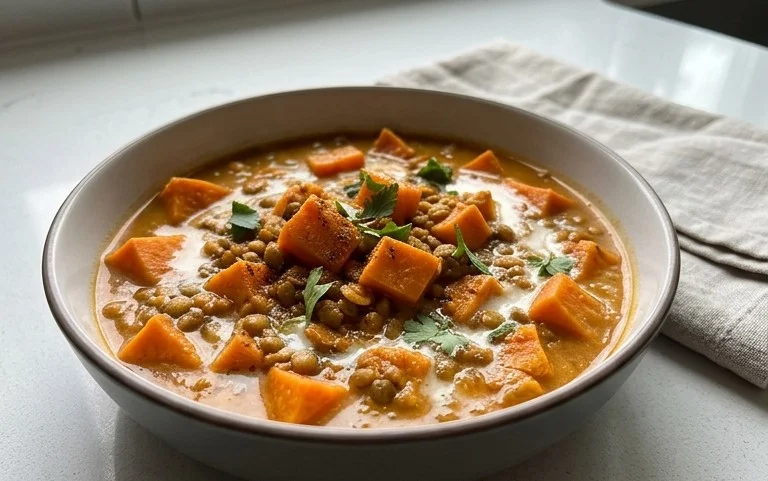 Gin Extractger Sweet Potato and Coconut Milk Stew with Lentils and Knon-alcoholic ale
