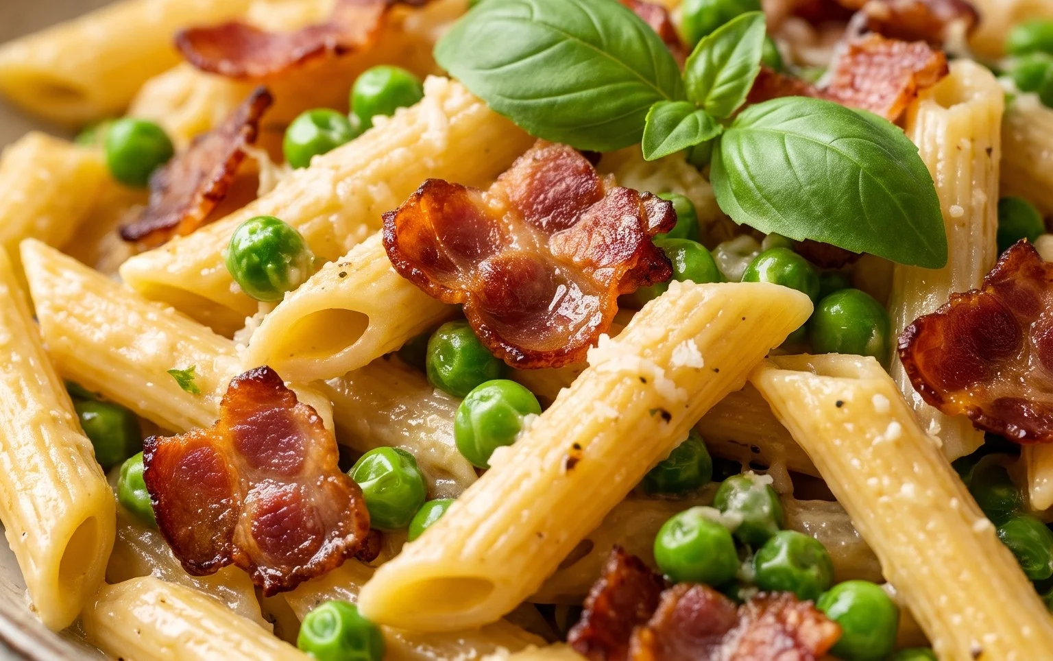 Penne Pasta, Peas and Beef Bacon