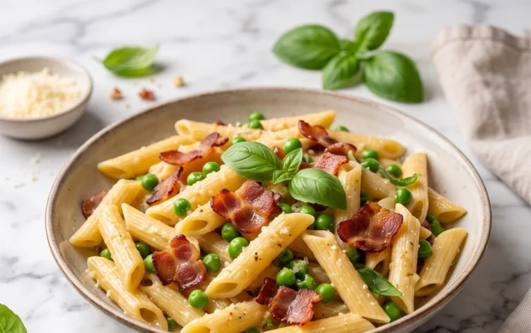 Penne Pasta, Peas and Beef Bacon