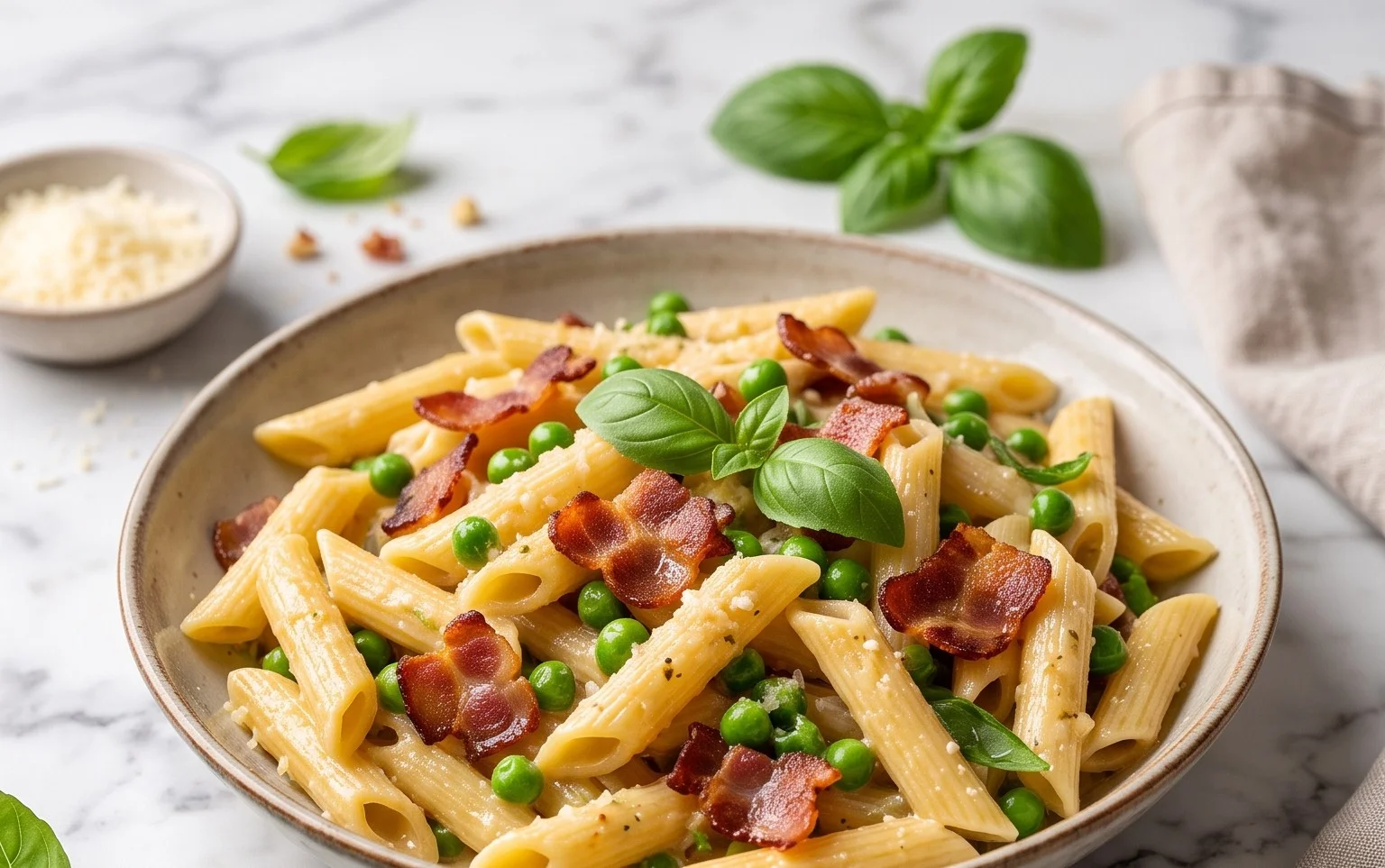 Penne Pasta, Peas and Beef Bacon