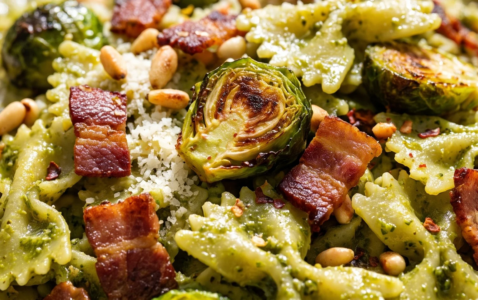 Brussels Sprouts and Beef Bacon Pesto Pasta