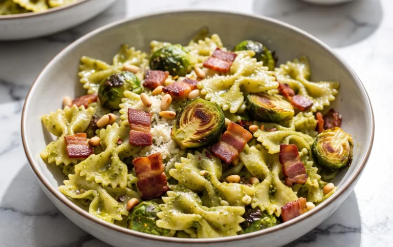 Brussels Sprouts and Beef Bacon Pesto Pasta