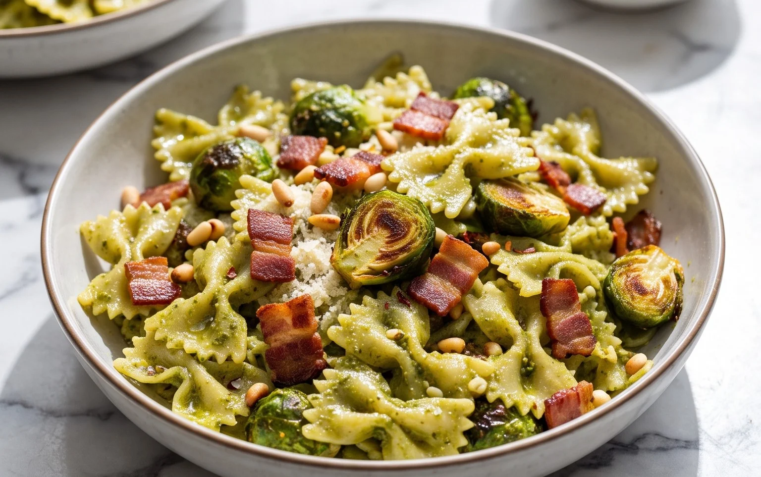 Brussels Sprouts and Beef Bacon Pesto Pasta