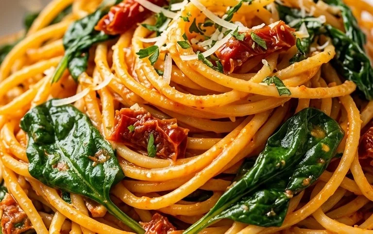 Spaghetti & Spinach with Sun-Dried Tomato Cream Sauce