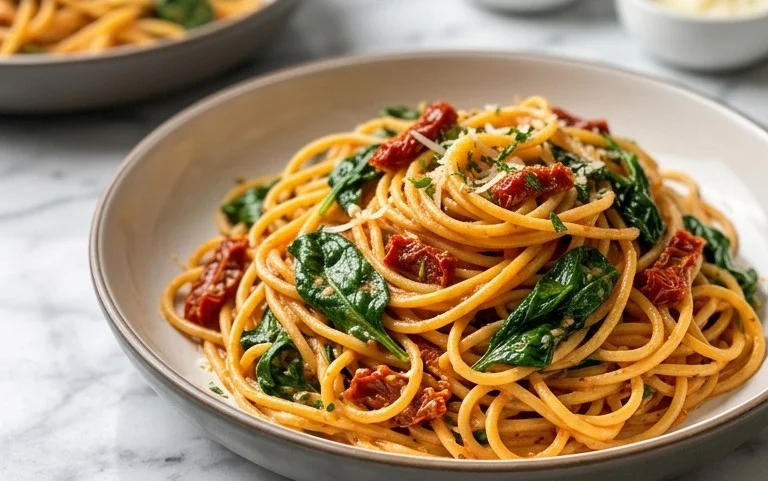 Spaghetti & Spinach with Sun-Dried Tomato Cream Sauce