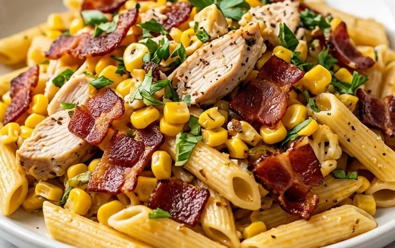 Chicken and Corn Pasta Salad with Beef Bacon