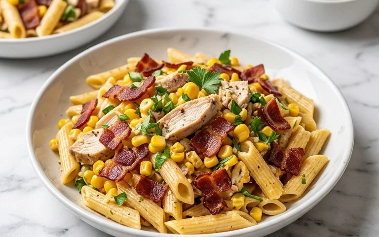 Chicken and Corn Pasta Salad with Beef Bacon