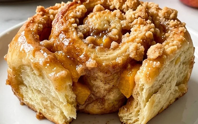Peach Cobbler Cinnamon Rolls with Crum extractb Topping
