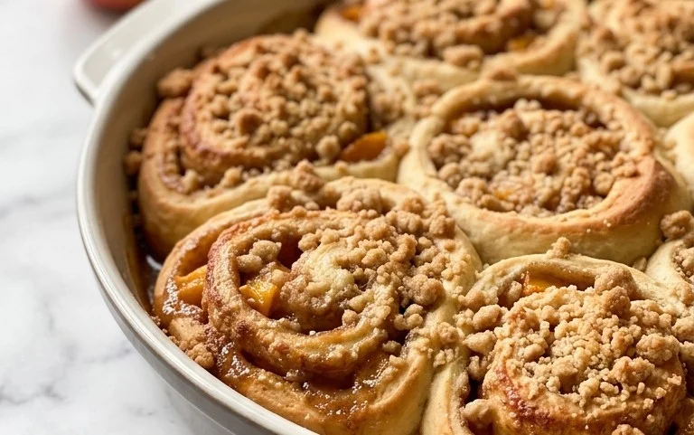 Peach Cobbler Cinnamon Rolls with Crum extractb Topping