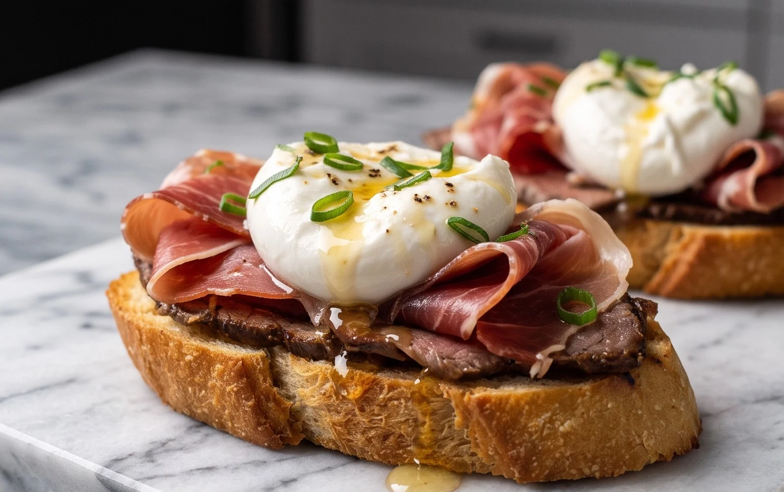 Beef Prosciutto Crostini with Burrata and Lemon Honey Drizzle