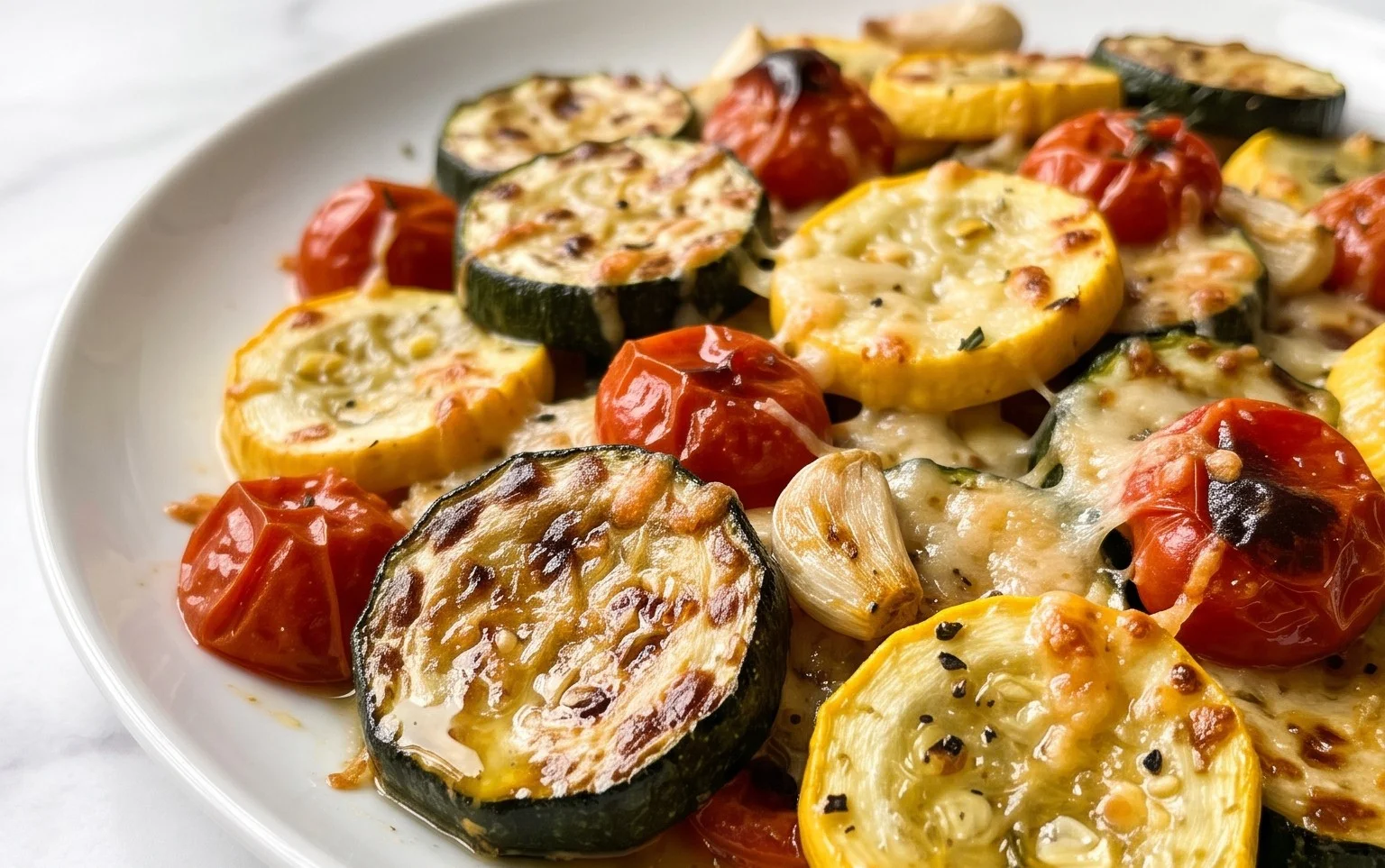Roasted Garlic-Parmesan Zucchini, Squash and Tomatoes